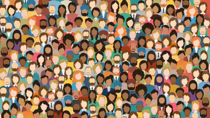 Multicultural Crowd of People. Group of different men and women. Young, adult and older peole. European, Asian, African and Arabian People. Empty faces. Vector illustration.